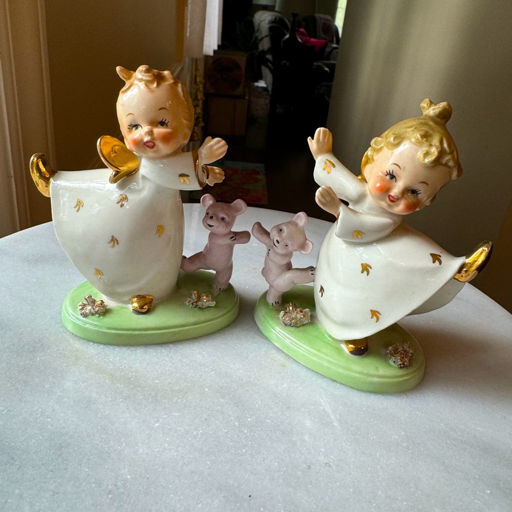 Vintage 1950’s Dancing Angel Figurines With Pink Teddy Bears Shafford Japan